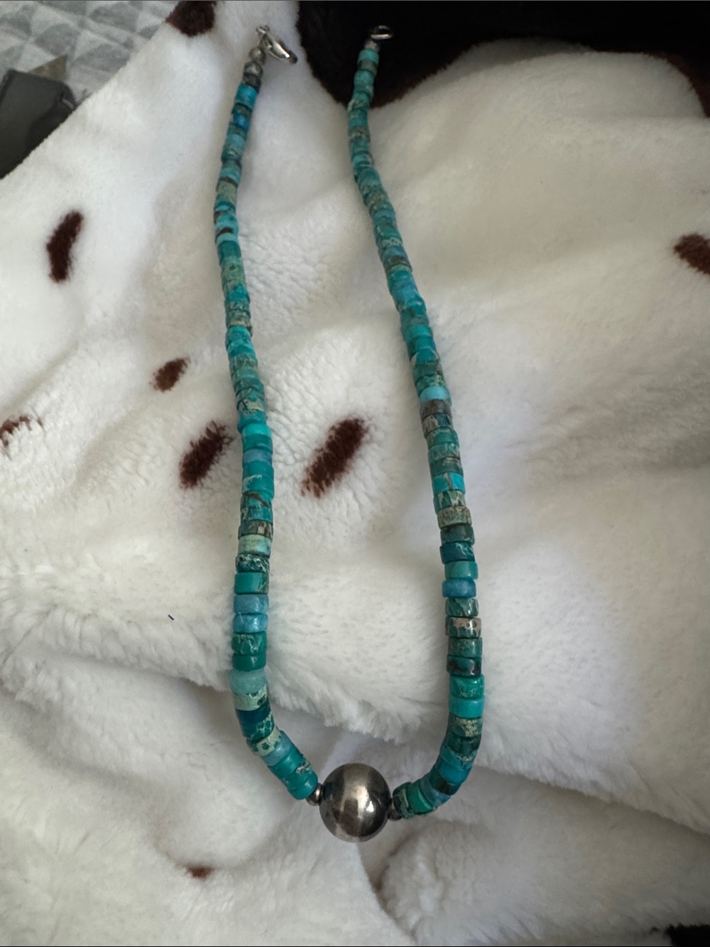 Kingman Turquoise heishei Beaded Necklace with 925 Silver Accent -native made